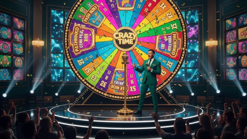 Live presenter spinning the colorful Crazy Time wheel in a vibrant Evolution Gaming online casino game show studio.