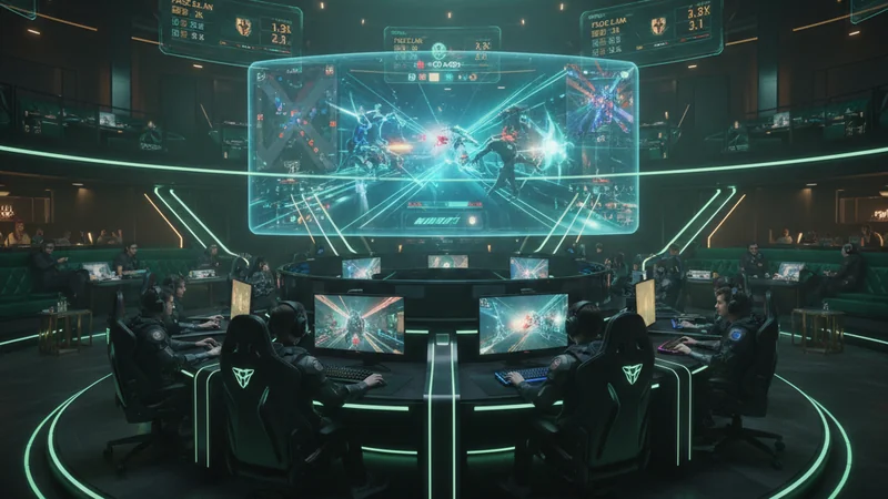 Neon esports arena with holographic Dota 2, LoL, and CS2 displays and betting odds at a cinematic online casino.