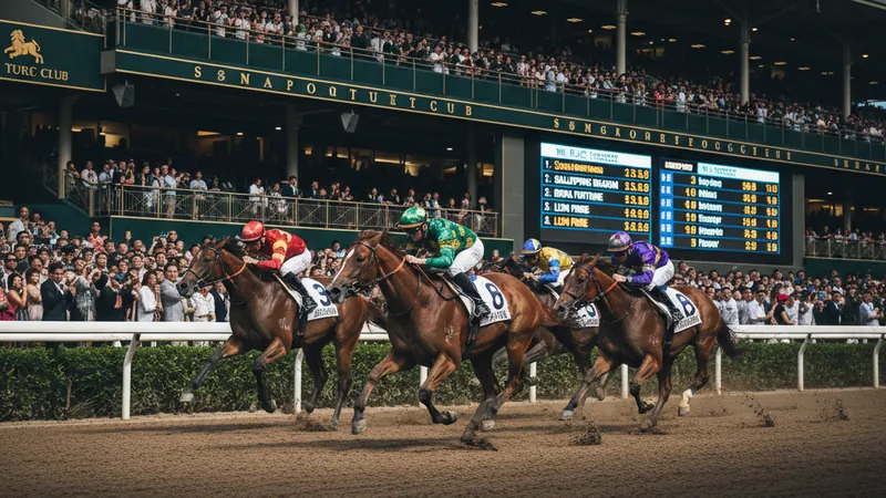 Thoroughbred horses gallop at Singapore Turf Club with win place forecast odds for online casino horse race betting.