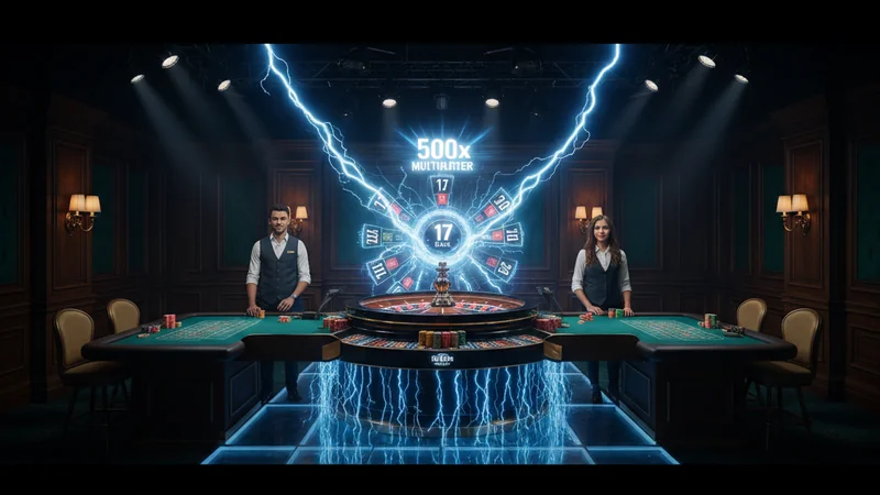 Lightning Roulette wheel with electric blue lightning and 500x multiplier in a luxury online casino studio.