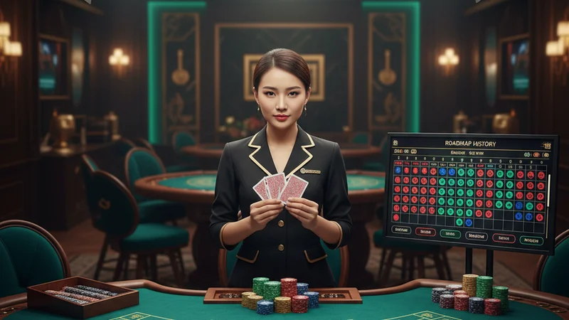 Asian dealer squeezing cards at a luxury live baccarat table with chips and roadmap display in an online casino studio.