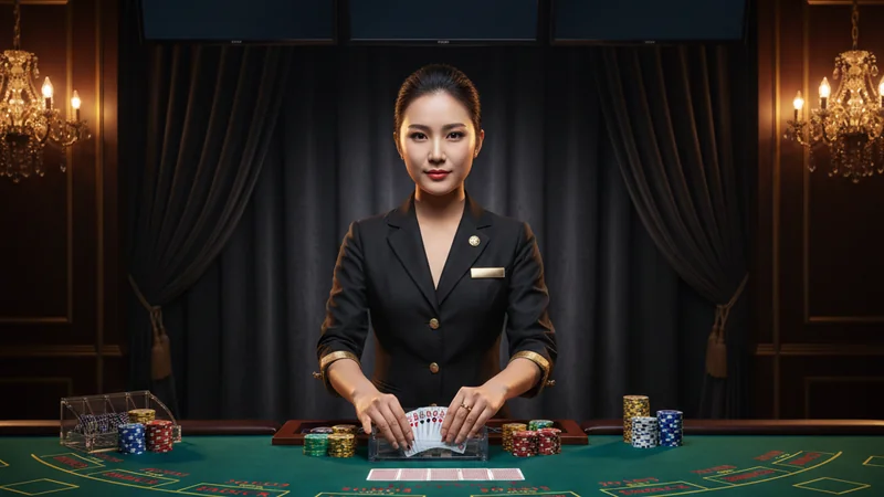 Professional Asian live dealer at an HD online casino blackjack table with SGD limits in a luxury studio setting.