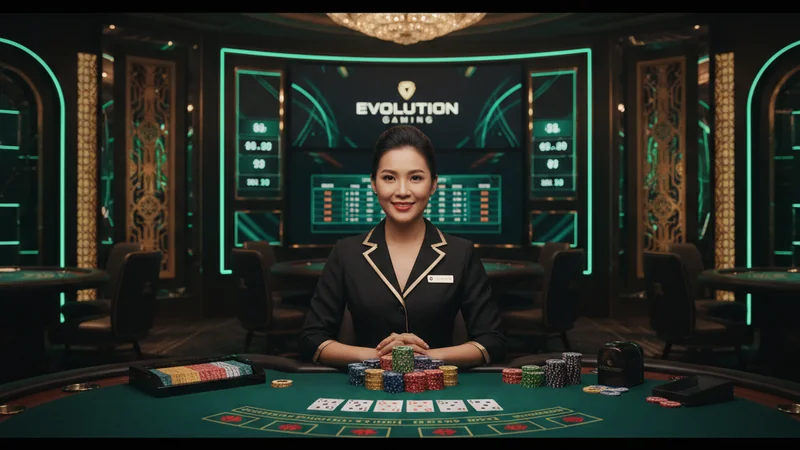 Professional Asian live dealer smiling at a baccarat table with chips in a luxury online casino studio.
