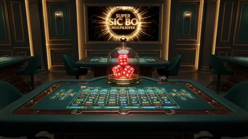 Super Sic Bo online casino table with 1000x multiplier grid and glowing dice in a luxury dark cinematic studio.