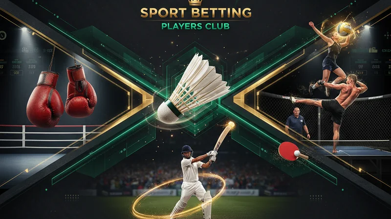Dark premium multi-sport collage for online casino and sportsbook betting featuring badminton, cricket, MMA, and boxing.