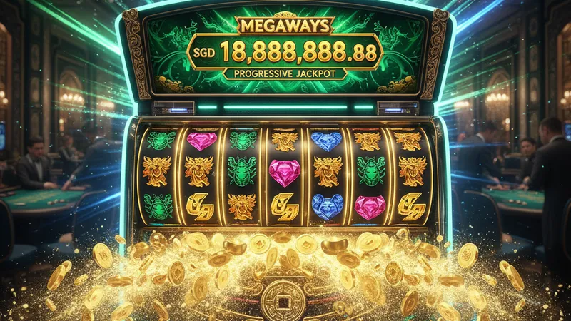 Glowing megaways slot machine reels with progressive jackpot and golden coin explosion in a luxury online casino