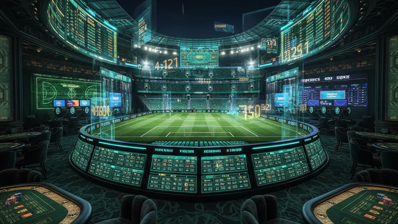 Holographic sports betting odds over a night stadium with basketball and esports arenas for online casino wagering.