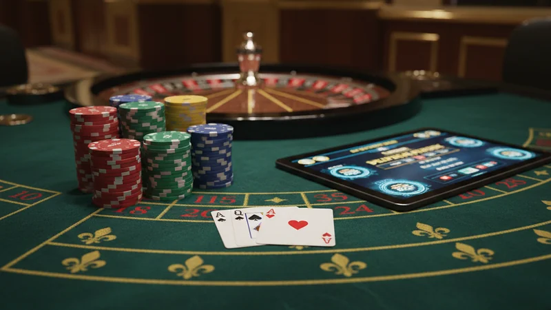 Luxury online casino table featuring fanned blackjack cards, stacked poker chips, and a spinning roulette wheel.