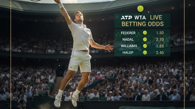 Tennis serve at Wimbledon Grand Slam with ATP WTA live betting odds overlay for online casino sports betting.